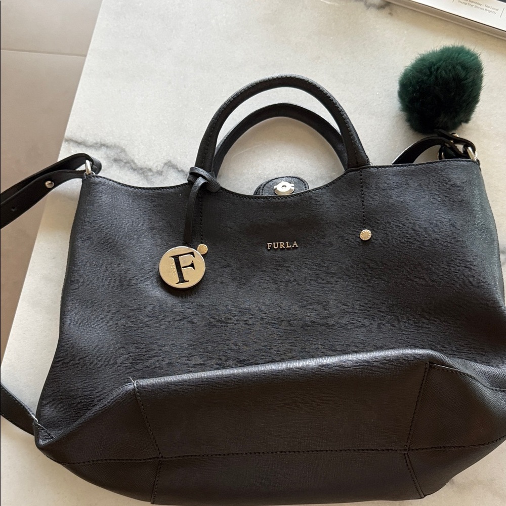 Furla Black Leather Tote with Charm like new